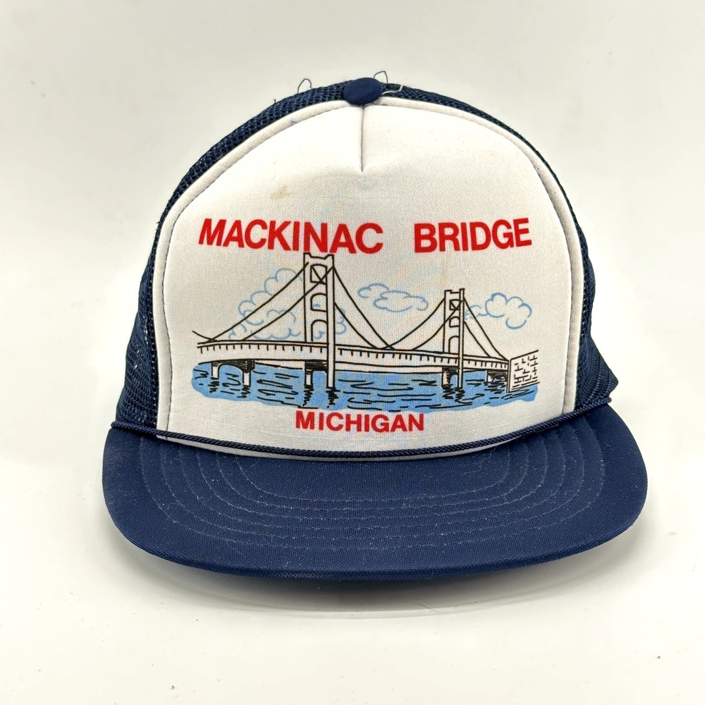 Vintage AmaPro Mackinac Bridge Michigan Trucker Hat Snapback Navy Blue Mesh Cap